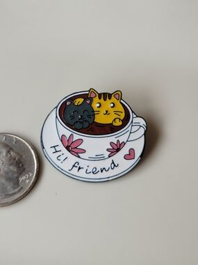 2/$15  Cat Coffee Cup Enamel Pin - Hi Friend